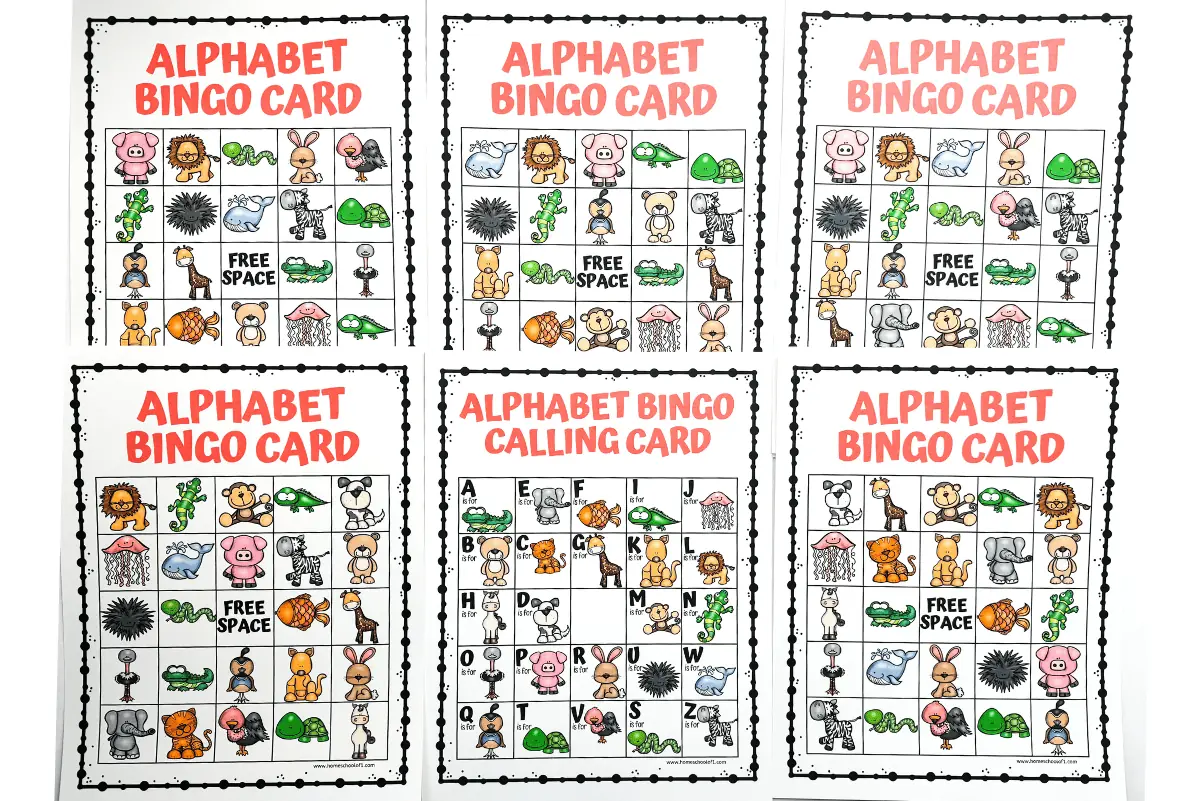 alphabet bingo printable game', showcasing detailed bingo cards with vibrant illustrations for each alphabet letter, perfect for teaching children letter recognition.