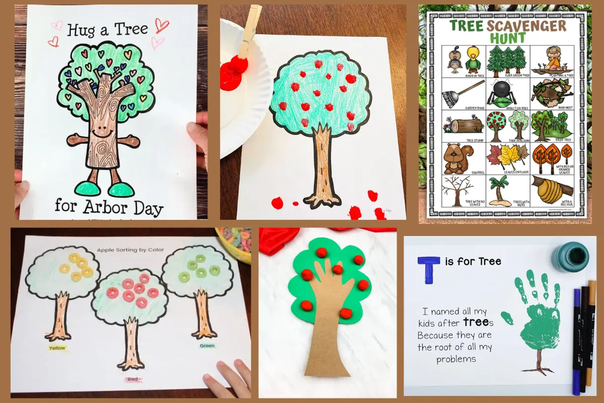 Collage of hands-on tree-related educational activities for kids, including a 'Hug a Tree for Arbor Day' coloring sheet, apple sorting by color worksheet, tree finger painting, and a tree scavenger hunt sheet.