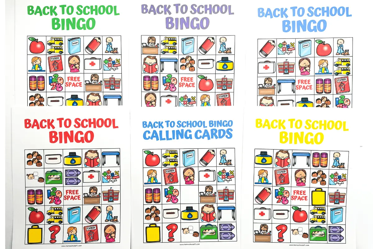 Printable 'Back to School Bingo' game sheets and calling cards decorated with fun and educational icons like pencils, glue, and yearbooks, designed to celebrate the excitement of a new school year