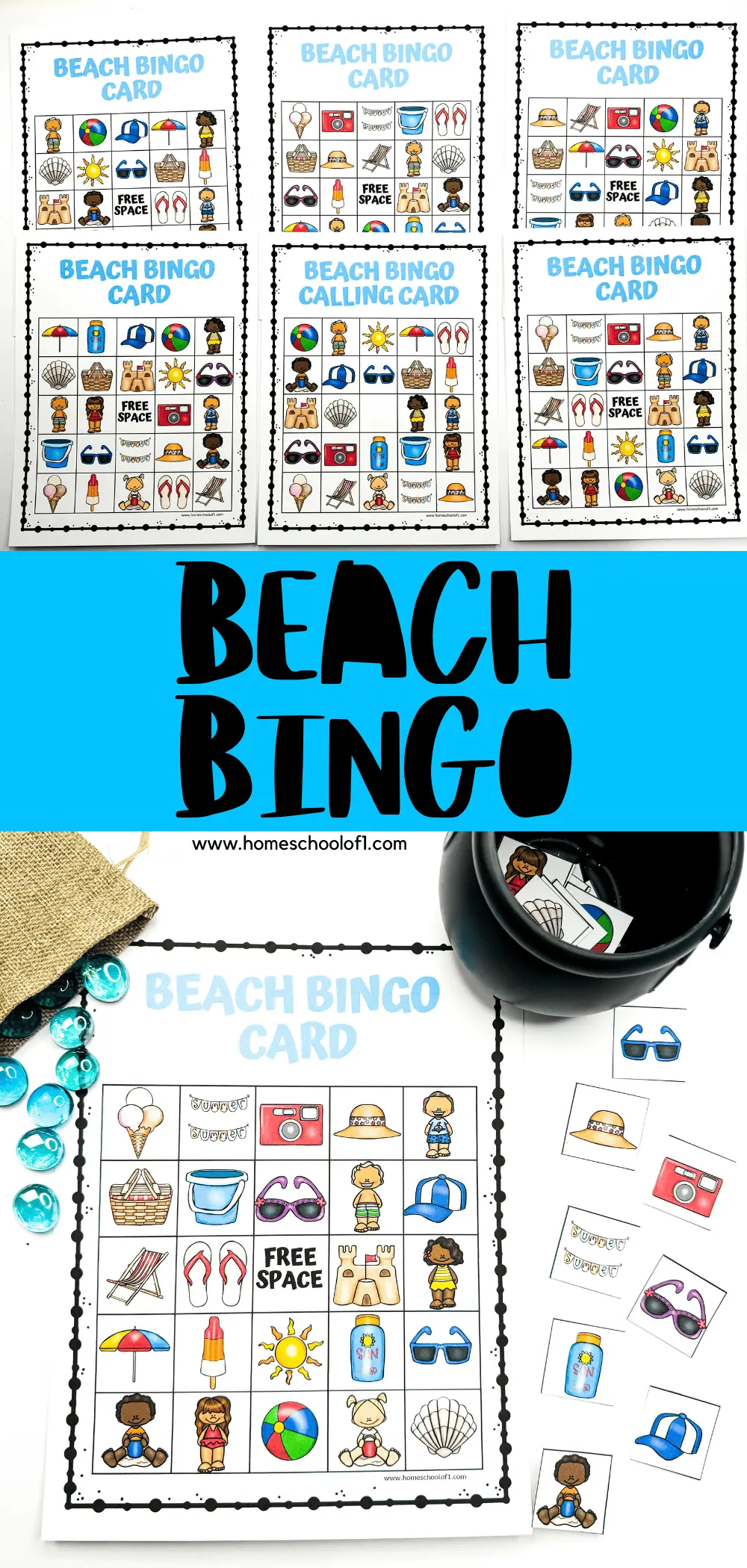 A colorful 'Beach Bingo Printable' featuring a variety of beach-related items such as a beach ball, sunglasses, and ice cream, perfect for a fun beach-themed game.