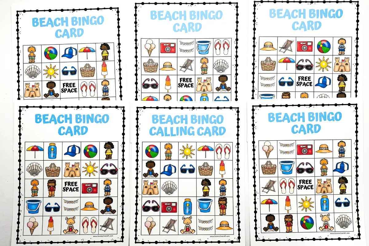 Beach-themed 'Free Beach Bingo Printable' with diverse illustrations, from swimwear to marine life, ideal for educational playtime on sunny days.