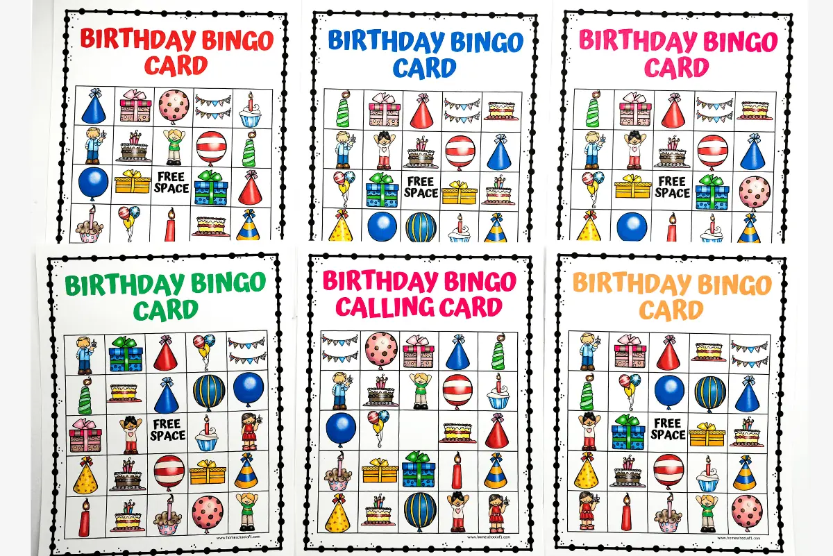 Detailed 'Birthday Bingo cards' with colorful party items, from cakes to party hats, part of 'Birthday Bingo free printables' for a fun kids' party activity.