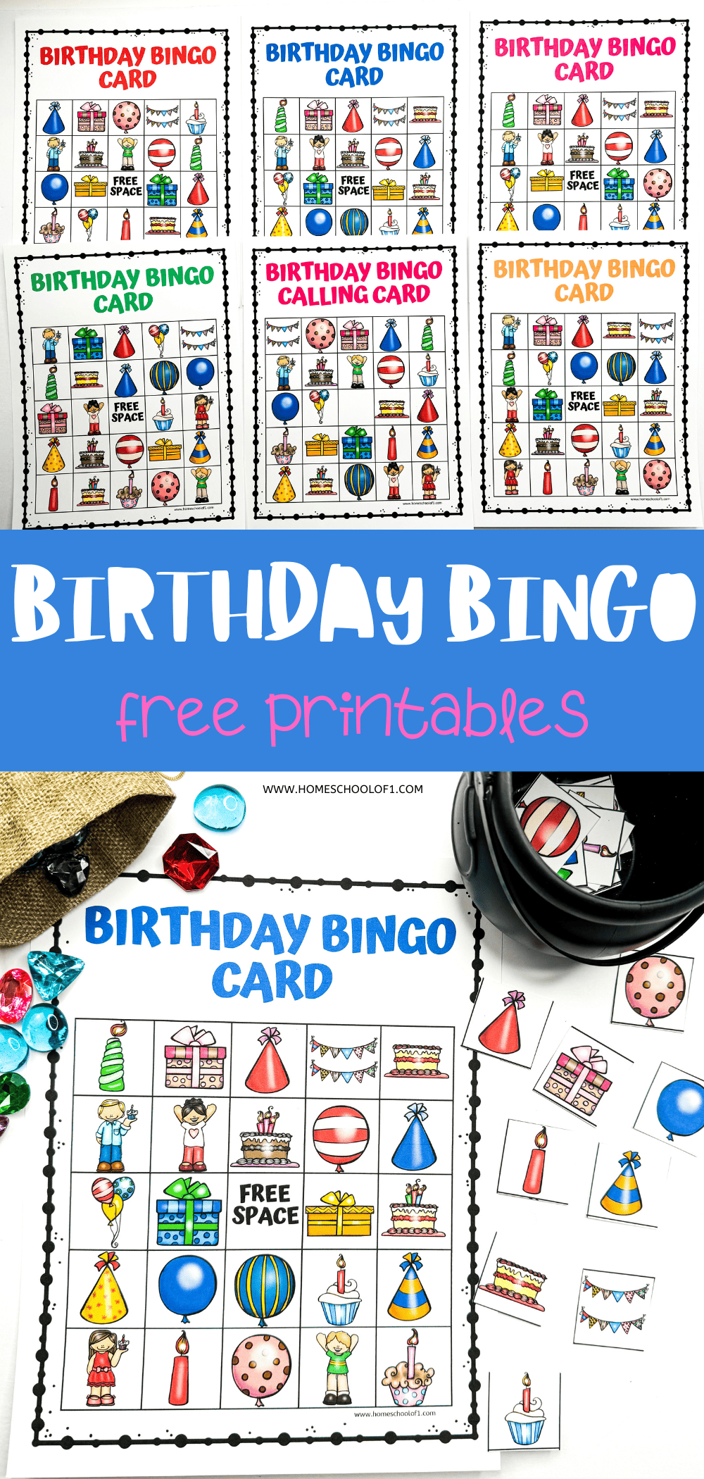 Bright and cheerful 'Birthday Bingo free printables' with assorted birthday party themed bingo cards and a calling card, ideal for children's birthday party games.