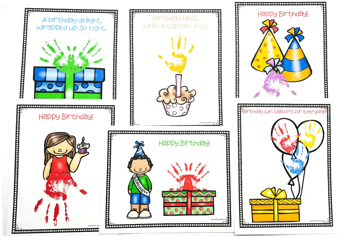 A series of six handprint craft templates to celebrate birthdays, showcasing handprints creatively incorporated into images of gifts, cupcakes, party hats, and balloons, each with a playful birthday phrase. Perfect for interactive art projects with kids on special occasions.