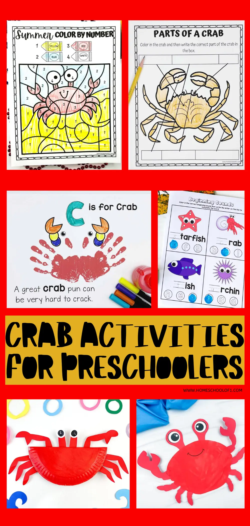 Colorful set of crab-themed educational activities for preschoolers, including a color-by-number, anatomy labeling, a handprint art project, and phonics worksheets.