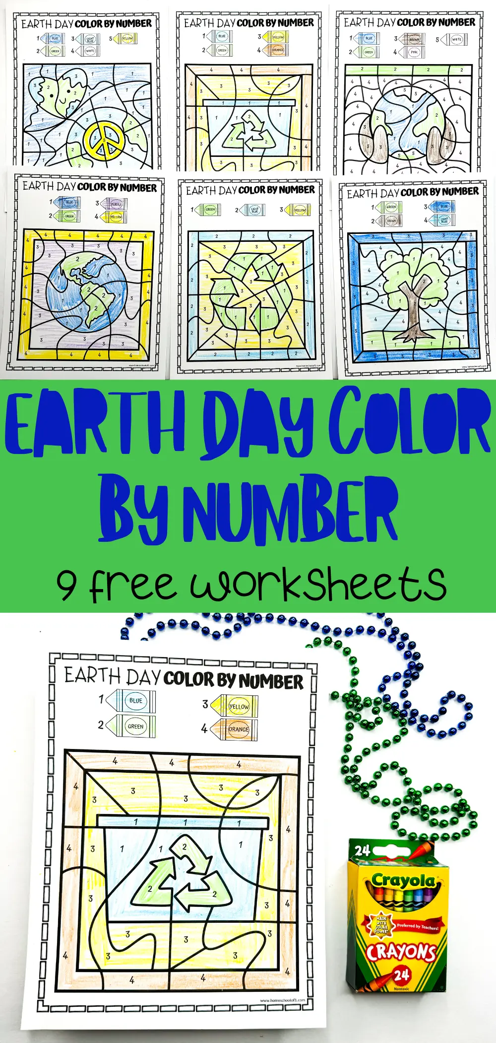 A vibrant set of completed Earth Day color by number worksheets, showcasing children's artwork with colored sections revealing patterns and images symbolizing Earth Day, like the planet Earth, a recycling sign, and trees. These activities are designed to engage children in learning about the environment through art.