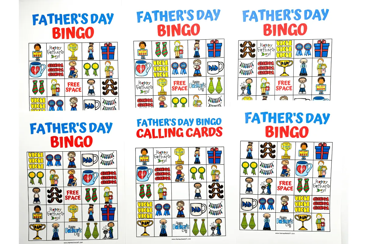 Assorted printable Father's Day Bingo cards filled with cheerful drawings representing Father's Day themes like 'Best Dad,' neckties, and awards, with a 'Free Space' in the center