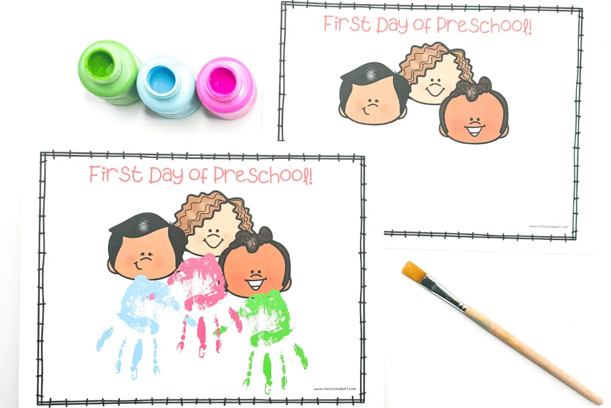 A preview of first day of preschool handprint art activity, showing vibrant paint pots and a completed handprint craft with the illustration of children and the caption 'First Day of Preschool!' alongside a paintbrush.