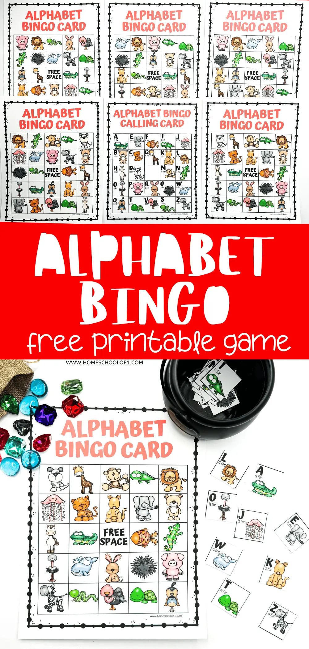 Colorful 'alphabet bingo printable' game cards and a calling card with whimsical illustrations representing each letter, ideal for educational fun in early childhood learning.