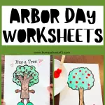 Arbor Day worksheets with a compilation of tree-themed activities including coloring, sorting, finger painting, and a scavenger hunt, with the headline 'ARBOR DAY WORKSHEETS' in bold letters.