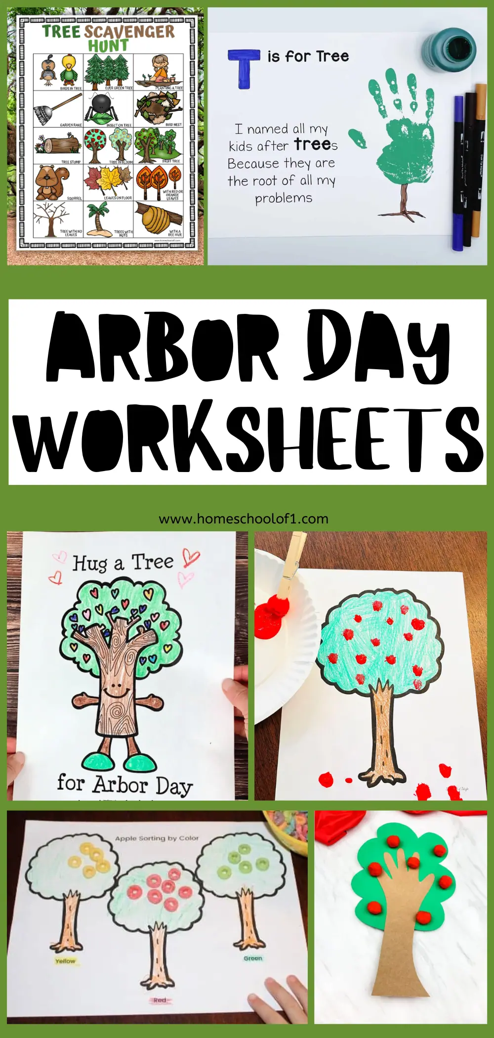 Arbor Day worksheets with a compilation of tree-themed activities including coloring, sorting, finger painting, and a scavenger hunt, with the headline 'ARBOR DAY WORKSHEETS' in bold letters.