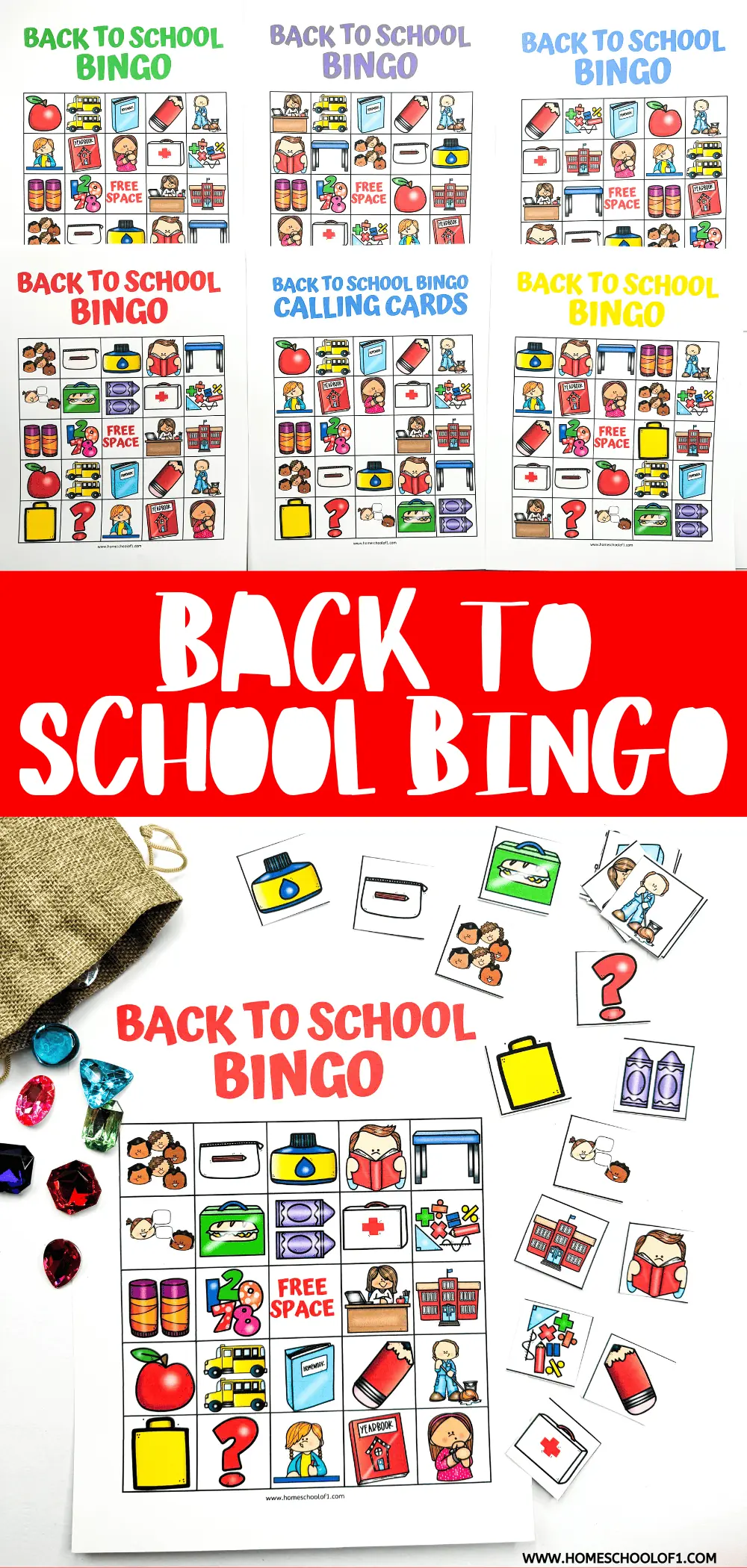 Assortment of 'Back to School Bingo' cards with colorful illustrations including apples, school buses, and books, and 'Free Space' in the center, plus 'Back to School Bingo Calling Cards