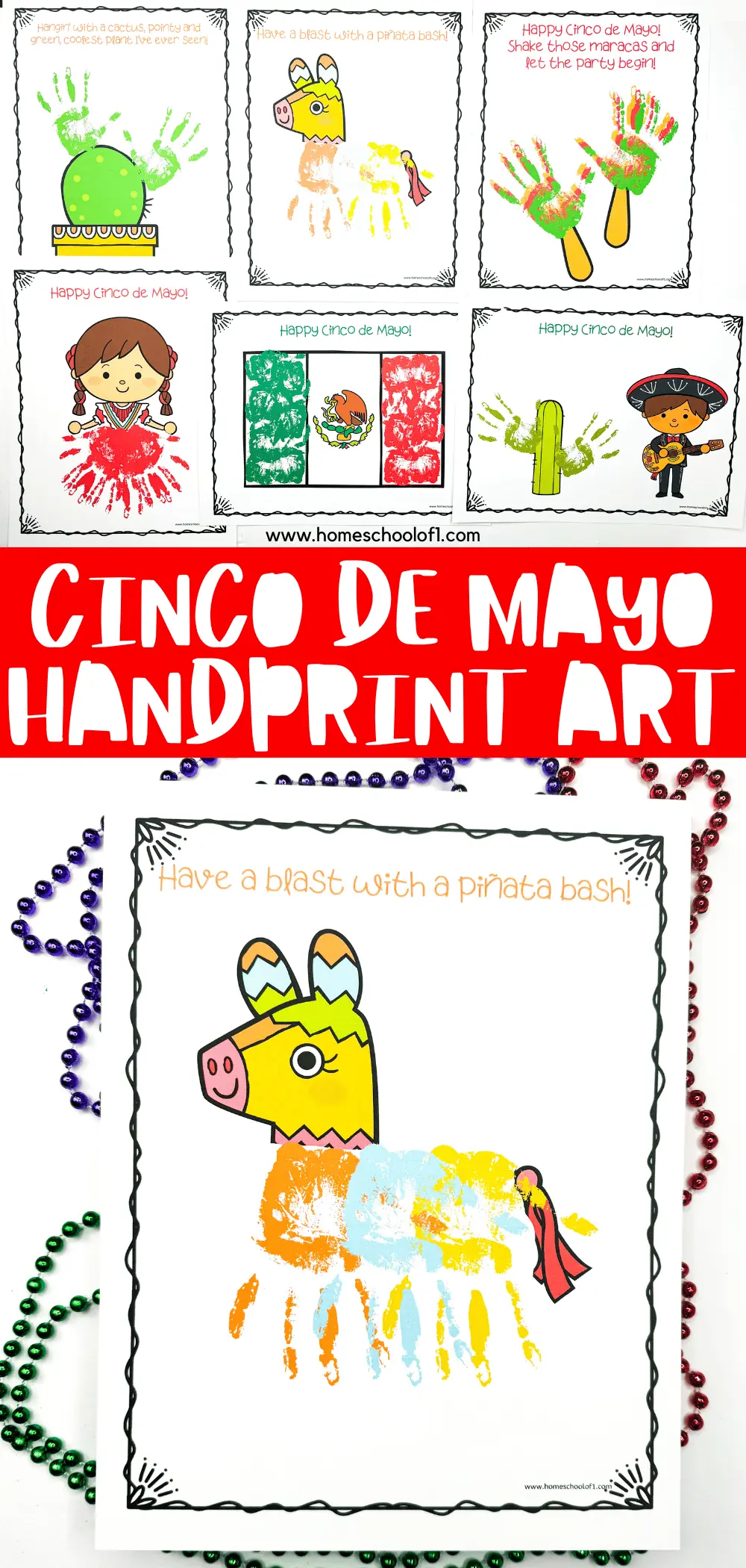 A colorful set of Cinco de Mayo-themed handprint art pieces, each featuring a festive message. Handprints are cleverly used to create illustrations of a cactus, piñata, maracas, a girl in traditional dress, the Mexican flag, and a guitarist, providing a playful and hands-on way to engage children with the holiday's cultural elements.