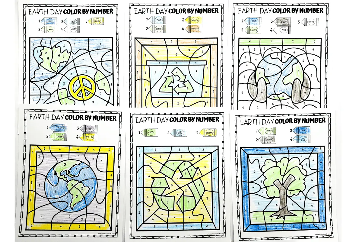 Nine Earth Day-themed color by number worksheets featuring a variety of environmentally inspired images such as the Earth, recycling symbols, and trees, completed in crayon. This collection encourages educational fun while promoting awareness of environmental conservation.