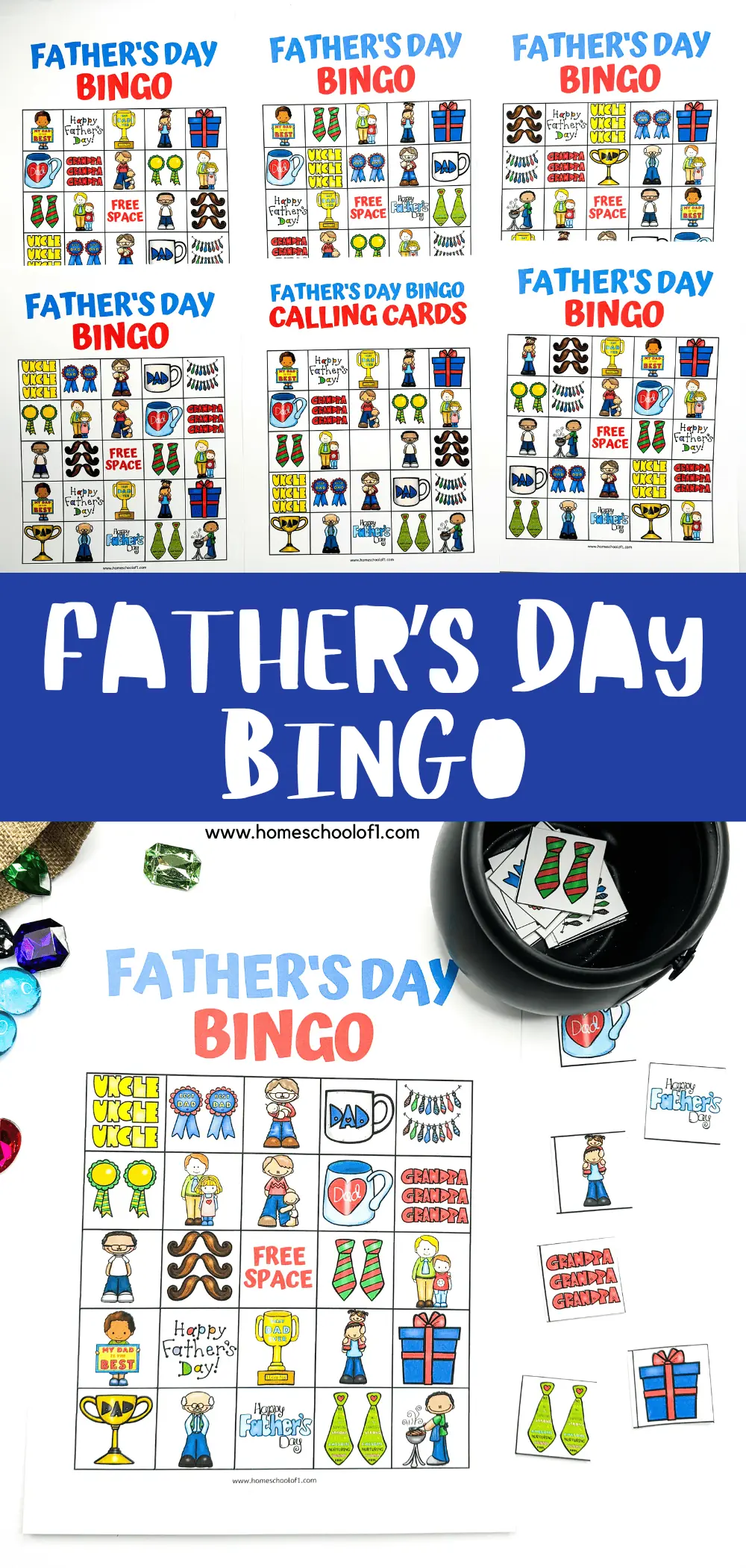 Collage of colorful Father's Day Bingo game sheets and calling cards with festive illustrations such as trophies, mugs, and ties, and the text 'Happy Father's Day,' all set on a white background