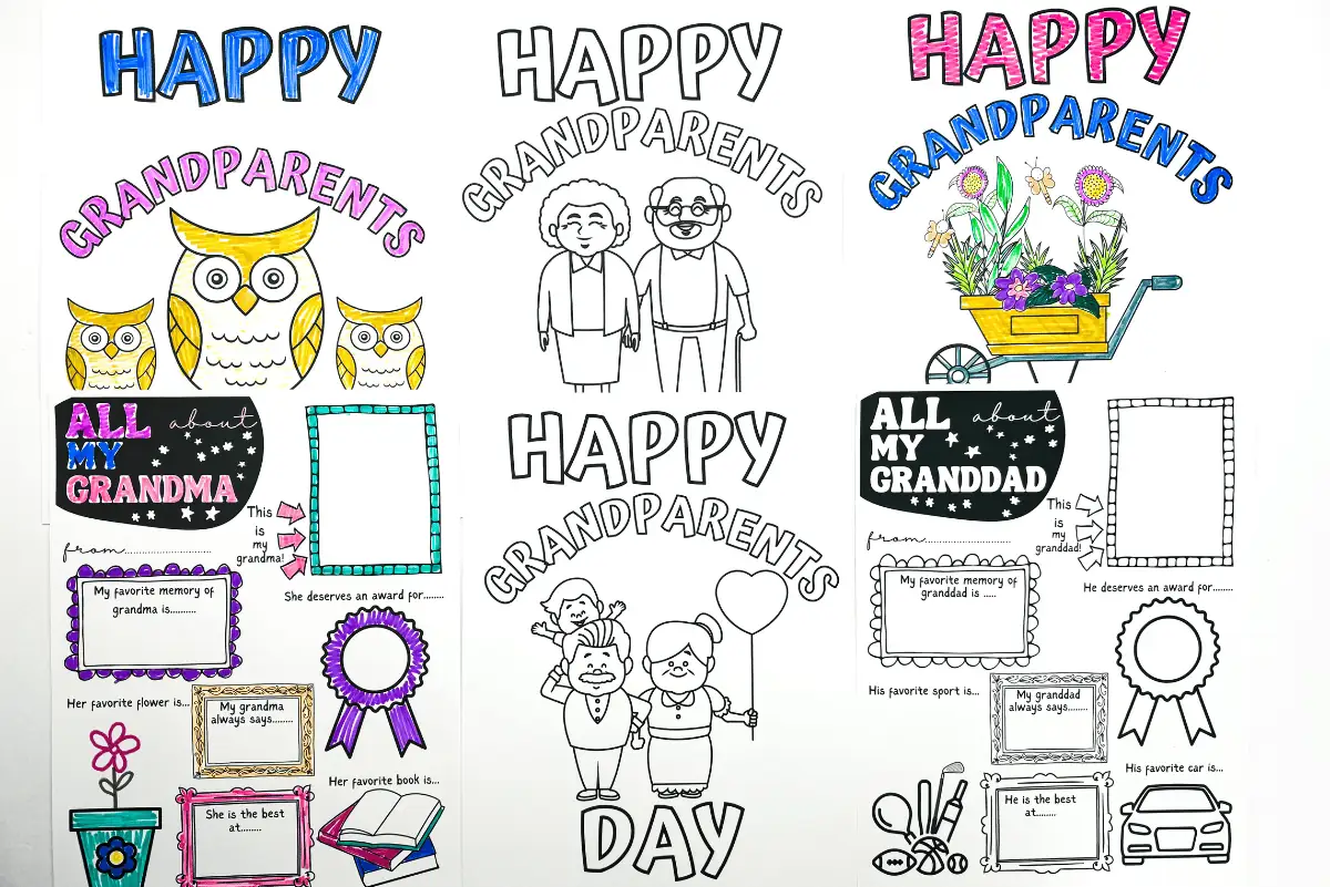 variety of black and white printables celebrating Grandparents Day, including customizable pages for 'All About My Grandma' and 'All About My Granddad' with prompts for favorite memories and attributes, alongside coloring pages with heartwarming Grandparents Day greetings and a floral wheelbarrow illustration.