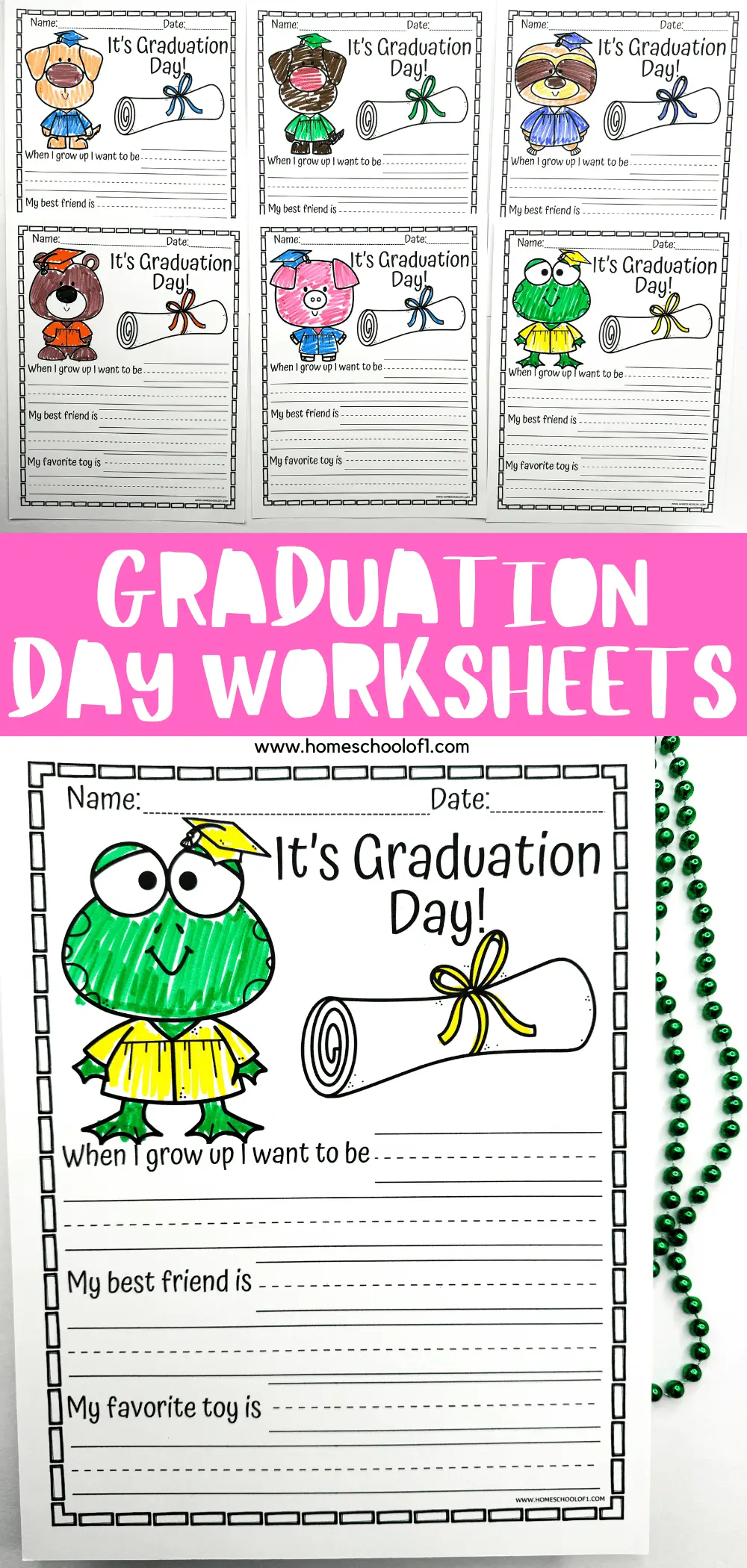 A collection of graduation-themed worksheets for children featuring cartoon animals in graduation caps and a space for personal aspirations, best friend's name, and favorite toy. The banner above reads 'Graduation Day Worksheets', perfect for end-of-year school activities or celebrating milestones in educational settings.