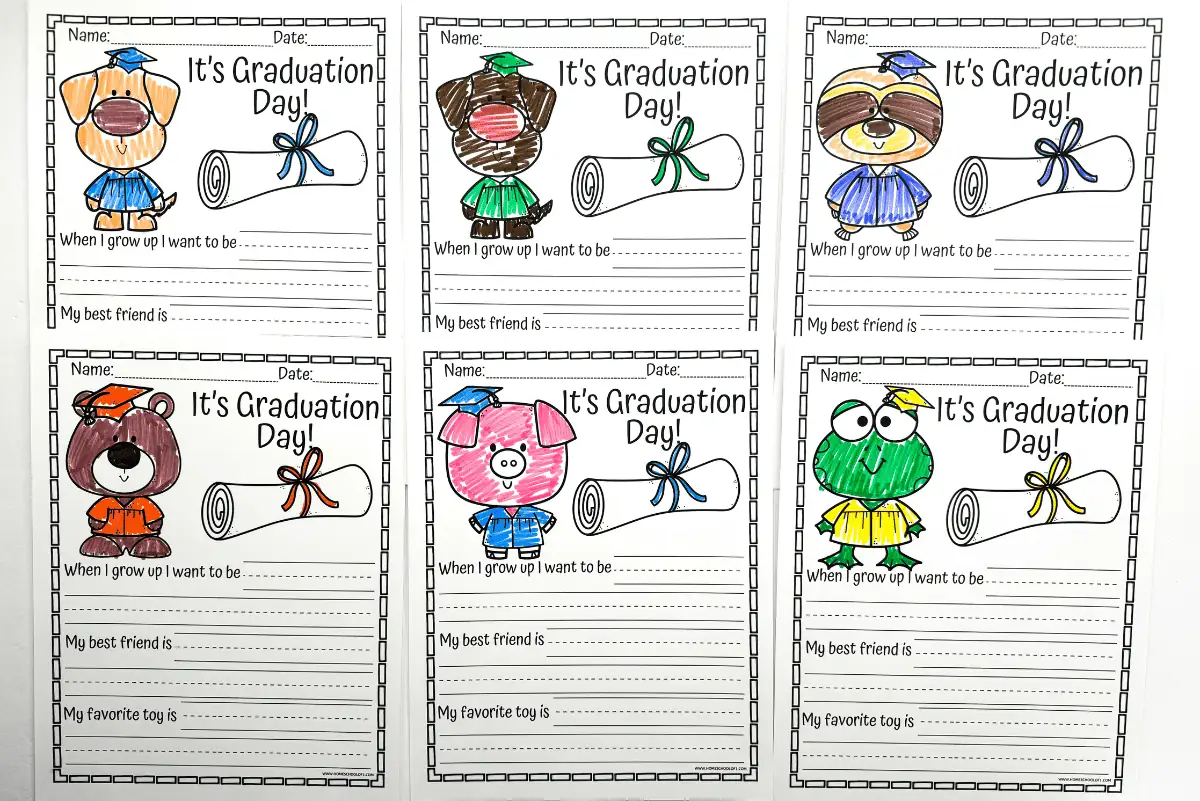 A set of six colorful, hand-colored graduation worksheets with various cute animals donned in graduation attire. Each sheet includes prompts for the child's future ambitions, current friendships, and toy preferences, offering a fun and engaging way for kids to express their dreams and memories on graduation day.