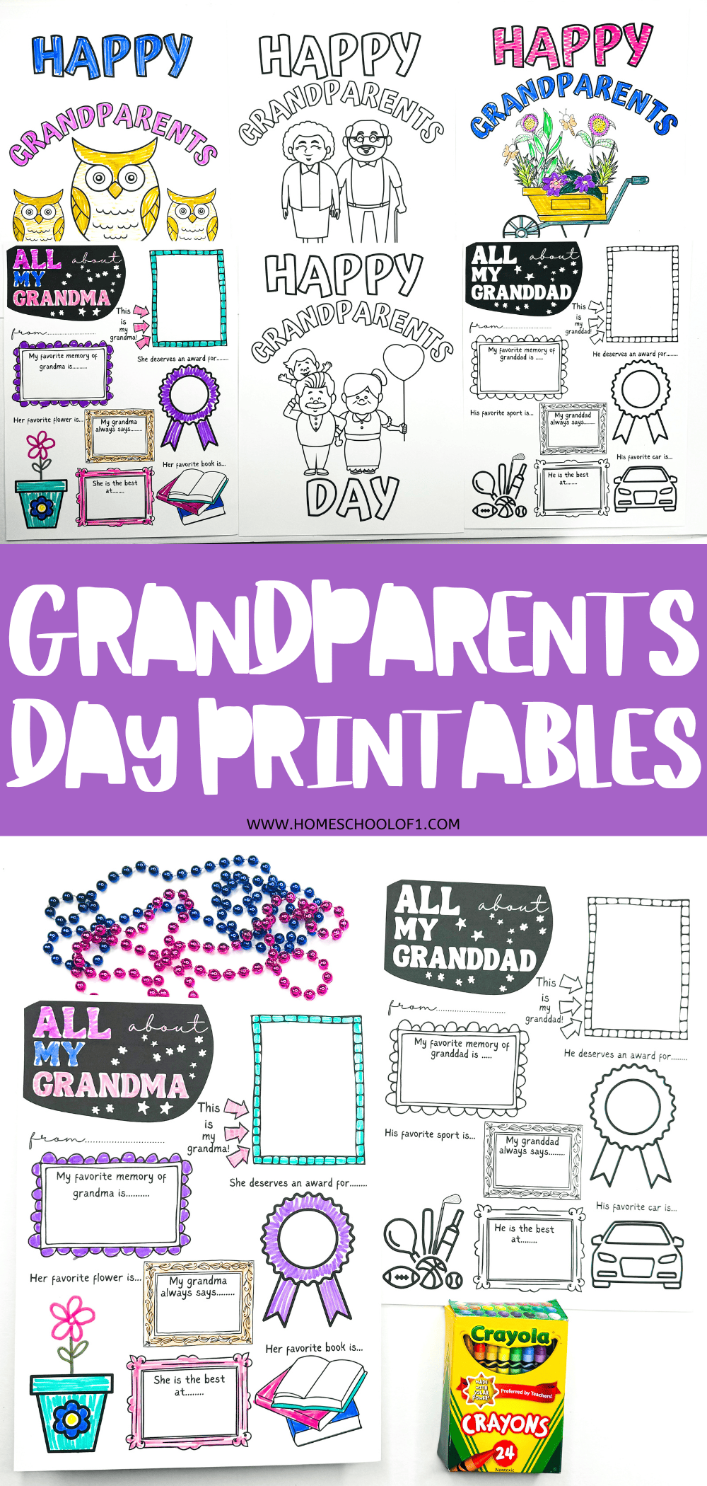 An assortment of Grandparents Day printables, with coloring pages featuring affectionate messages like 'Happy Grandparents Day' and engaging activities like 'All About My Grandma/Granddad.' The sheets include spaces for children to write personal memories and express their love, decorated with images of owls, flowers, and award ribbons.