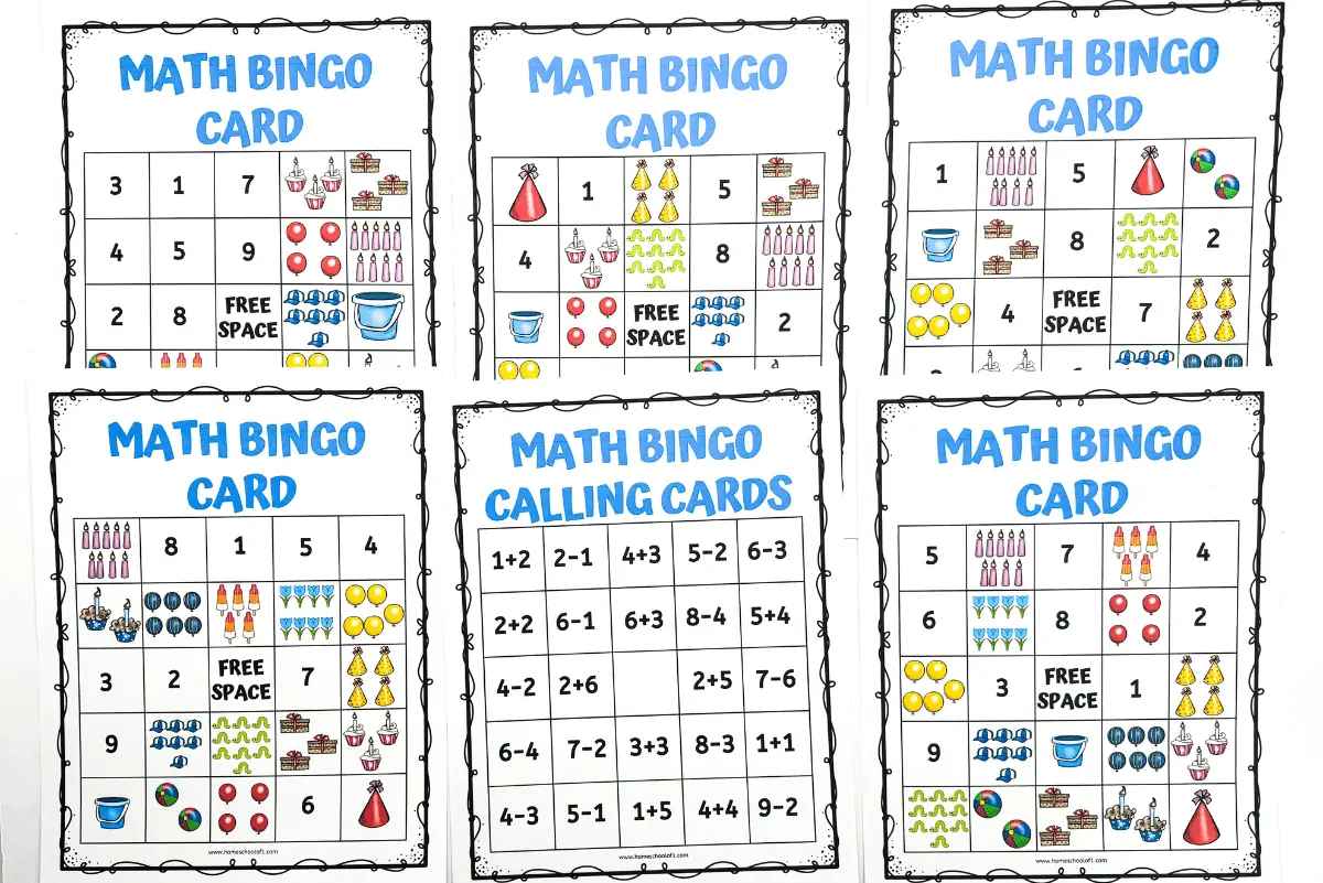 Free downloadable Math Bingo card with playful illustrations of party items corresponding to numbers for an engaging educational activity, includes addition and subtraction problems as calling cards.