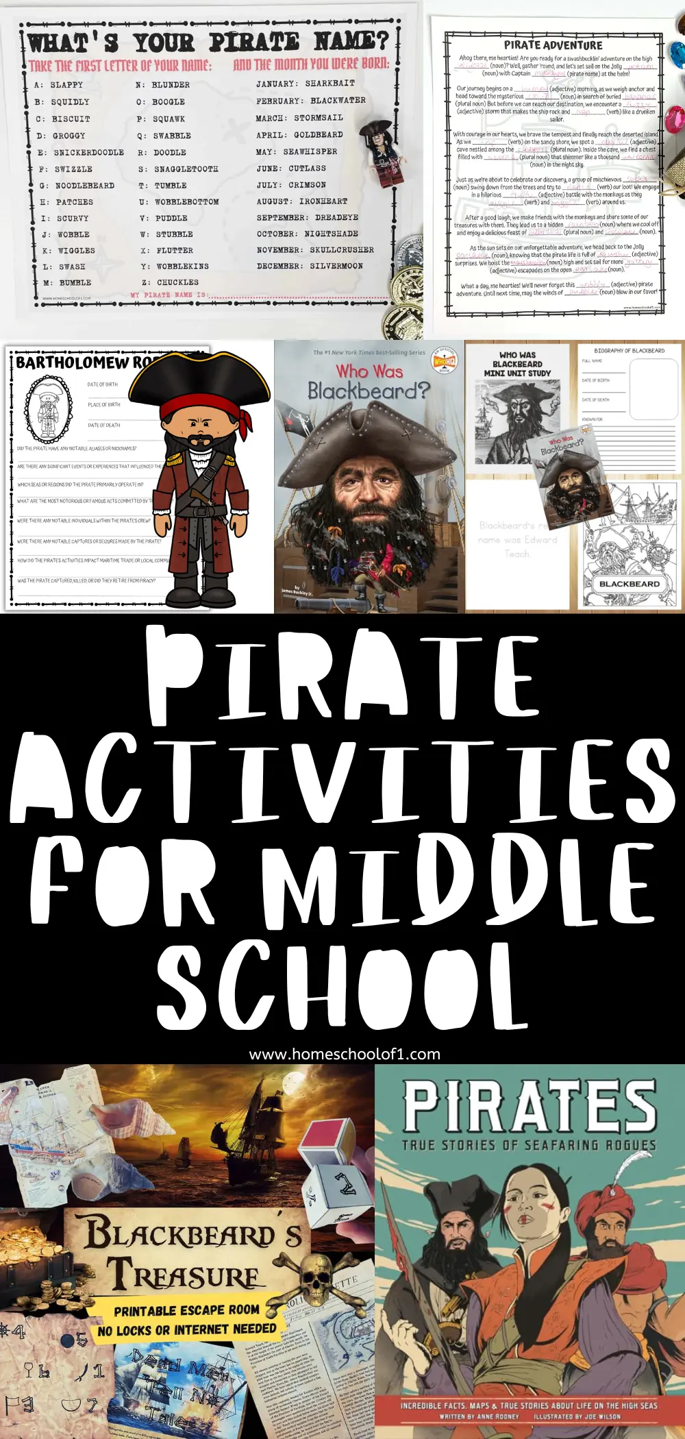 Engaging middle school worksheets for learning about pirates, including creative writing prompts, a 'What's Your Pirate Name' activity, and a printable escape room challenge, fostering historical knowledge through interactive play.