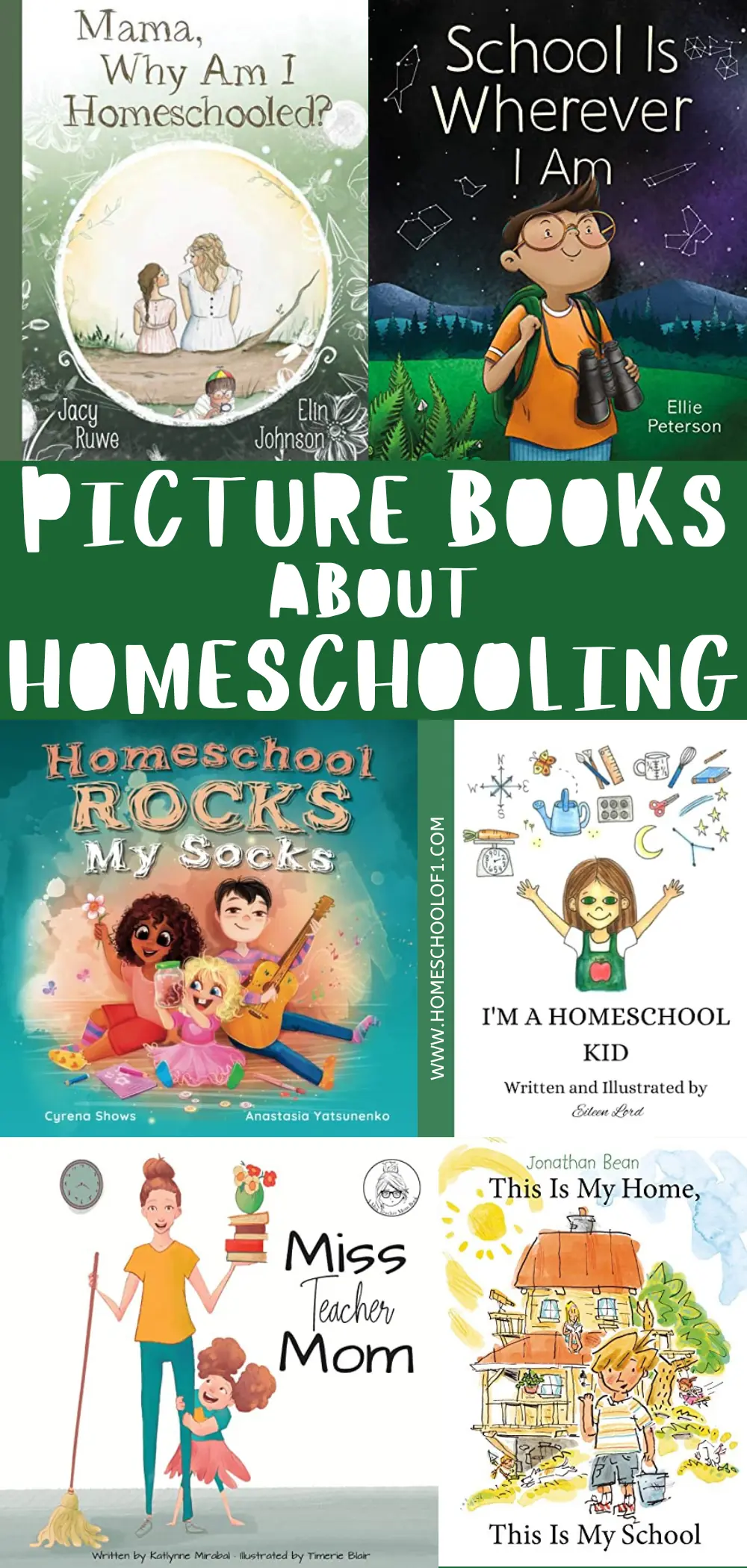 A curated collection of children's picture books about homeschooling, with titles like 'Mama, Why Am I Homeschooled?' and 'Miss Teacher Mom', showcasing the joys and creativity of learning at home.