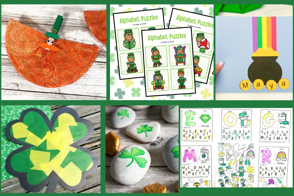 "A collection of St. Patrick's Day crafts and learning activities for children, including a paper plate leprechaun craft, alphabet puzzles with leprechaun illustrations, a tissue paper shamrock art project, and painted rocks with shamrock designs.