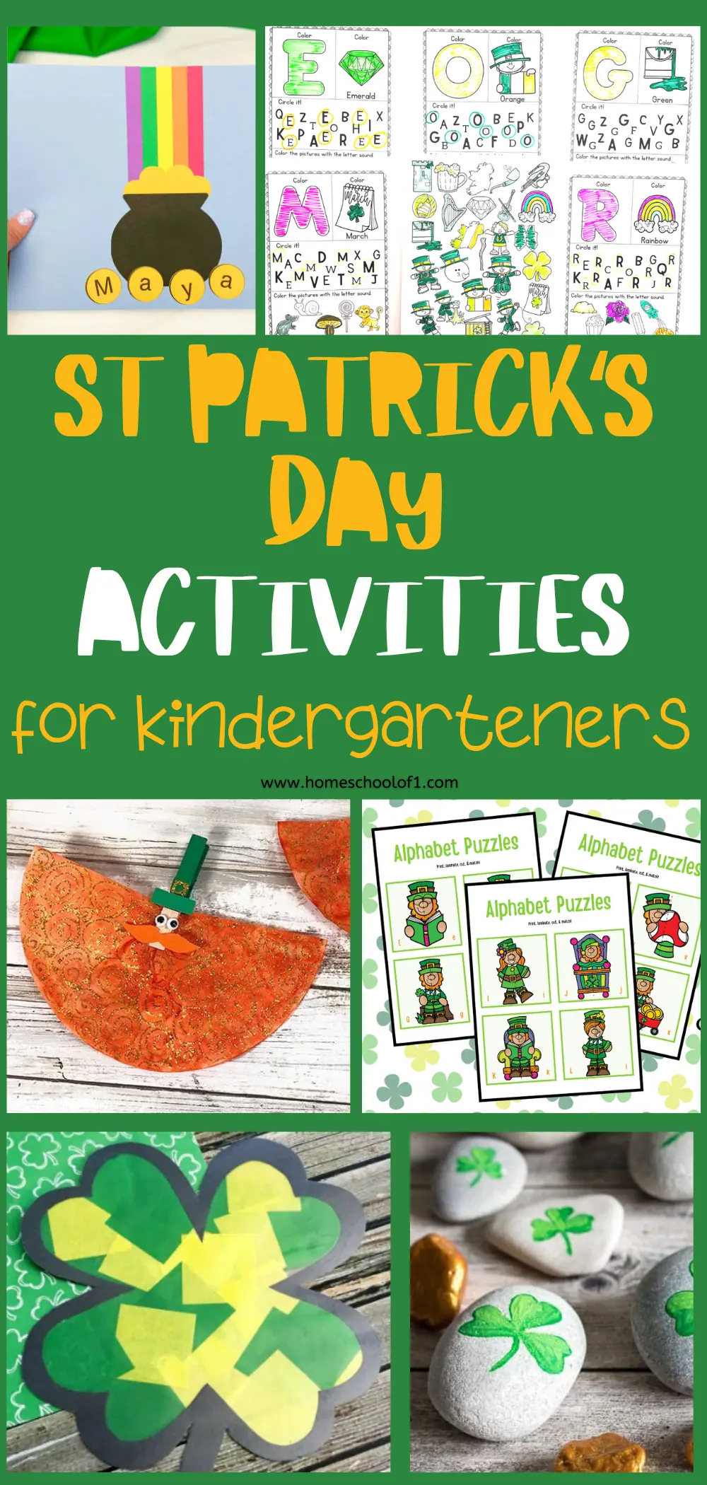 A promotional Pinterest graphic showcasing St. Patrick's Day activities for kindergarteners, featuring a variety of crafts and educational games like alphabet puzzles, shamrock collages, and decorated rocks with clover motifs, laid out in a vibrant collage.