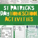 showcasing St. Patrick's Day homeschool activities, including worksheets for a Leprechaun life cycle, word searches, and word scrambles, as well as pattern recognition exercises, with a bold title banner above.