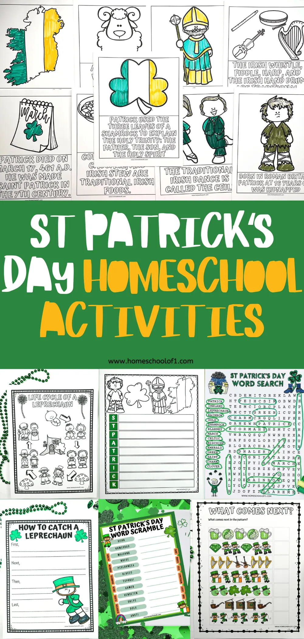 showcasing St. Patrick's Day homeschool activities, including worksheets for a Leprechaun life cycle, word searches, and word scrambles, as well as pattern recognition exercises, with a bold title banner above.