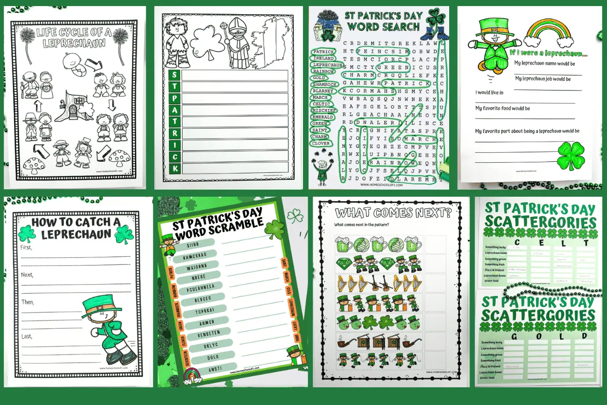 An assortment of St. Patrick's Day educational printables featuring activities such as 'Life Cycle of a Leprechaun,' 'How to Catch a Leprechaun' writing prompt, word scrambles, and Scattergories games, all adorned with festive Irish-themed illustrations.