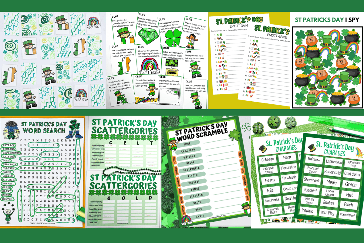 Features a variety of St. Patrick's Day themed activity sheets and games for children, including "I Spy," word search, Scattergories, word scramble, emoji game, and charades cards. The collage is filled with Irish-themed graphics like shamrocks, leprechauns, and pots of gold, perfect for classroom or at-home festive fun.