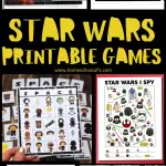 collage for Star Wars-themed printable games suitable for fans, featuring various activities like memory games, word searches, 'I Spy' and word scrambles, and a storybook cover, 'The Secrets of the Sith,' all aiming to provide interactive and educational fun with a galactic twist.