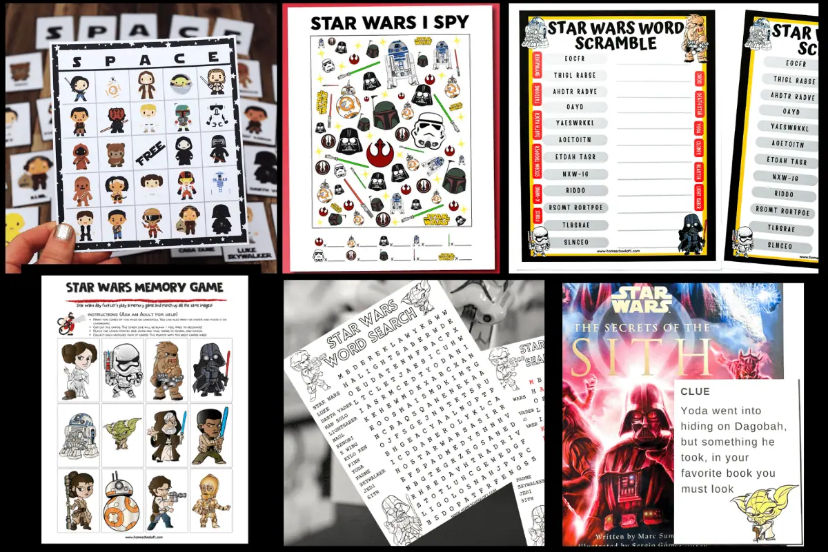 Collection of six Star Wars-themed games and activity sheets, including a Bingo card with character illustrations, an 'I Spy' game with symbols, a word scramble, a word search, and a memory card game featuring iconic characters, plus a Star Wars storybook cover, all designed to entertain and engage fans of the franchise.