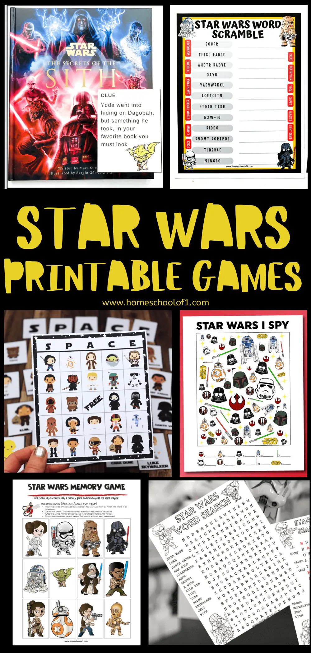 collage for Star Wars-themed printable games suitable for fans, featuring various activities like memory games, word searches, 'I Spy' and word scrambles, and a storybook cover, 'The Secrets of the Sith,' all aiming to provide interactive and educational fun with a galactic twist.