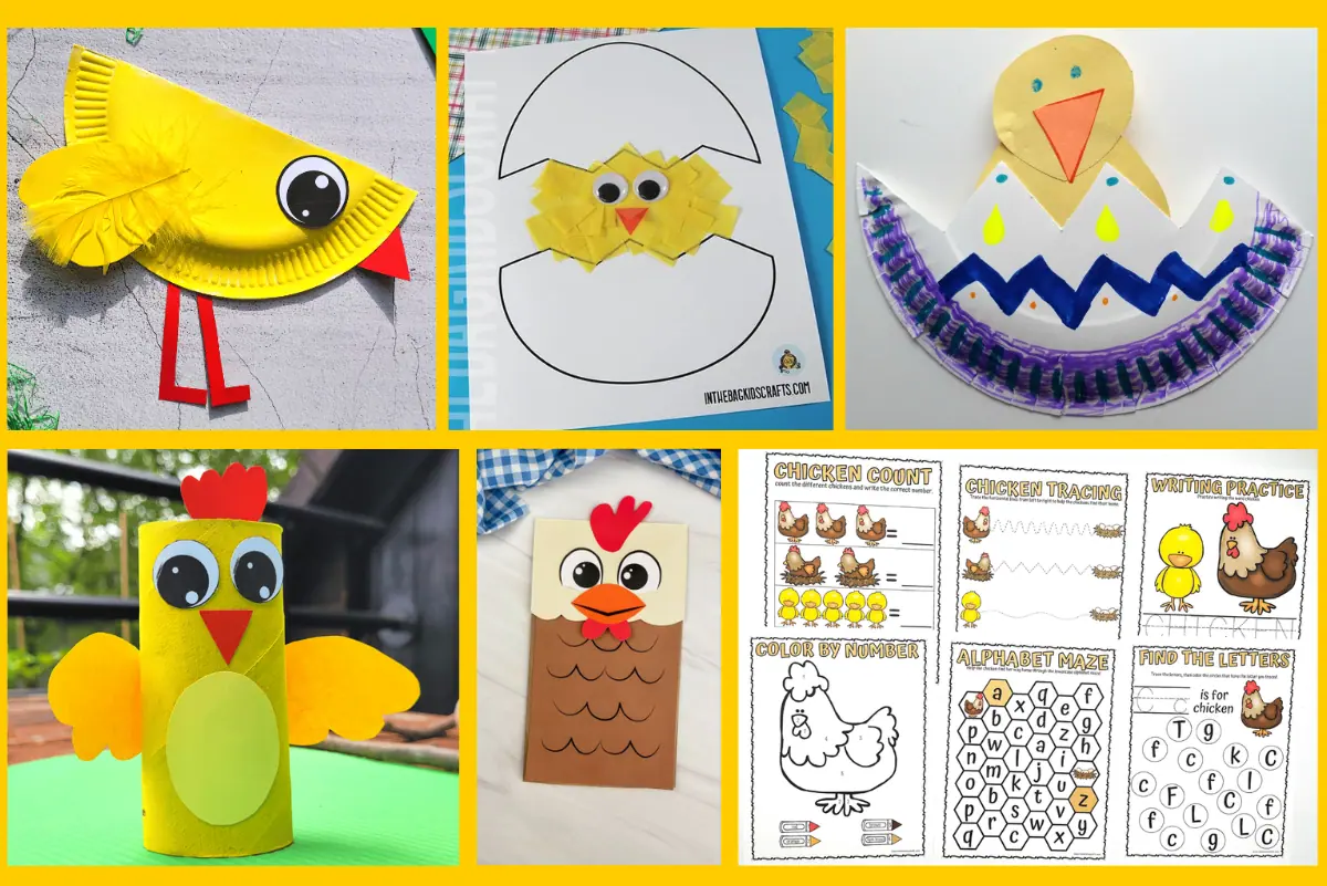 A collage of various children's crafts and activities themed around chickens. Top row from left to right: A yellow paper plate chicken with feathers, googly eye, and red paper legs; a paper craft activity with torn yellow paper pieces to create a chicken emerging from an egg; a painted paper plate chicken with a patterned purple and yellow eggshell. Bottom row from left to right: A yellow toilet paper roll transformed into a chicken with paper wings and a red comb; a bookmark craft resembling a chicken made from paper against a checkered background; and a selection of educational worksheets with chicken-themed counting, tracing, writing, coloring, and letter finding activities.