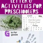 A compilation of letter G activities for preschoolers, featuring a mix of crafts, worksheets, and sensory play, including a "G is for Goose" handprint art and ghost-themed learning sheets.