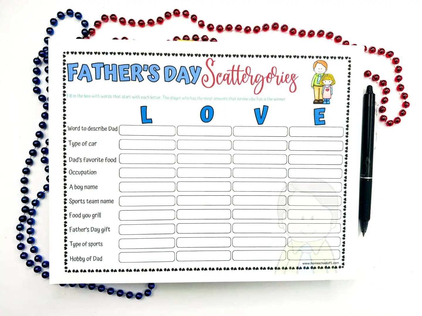 Fathers Day scattergories printable with the word love and lots of categories related to dad