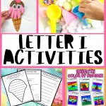 A vibrant display of 'Letter I activities for preschoolers,' featuring a cut-and-paste ice cream craft, a sensory bin with colorful pom-poms, and assorted worksheets for writing practice and insect color by number.