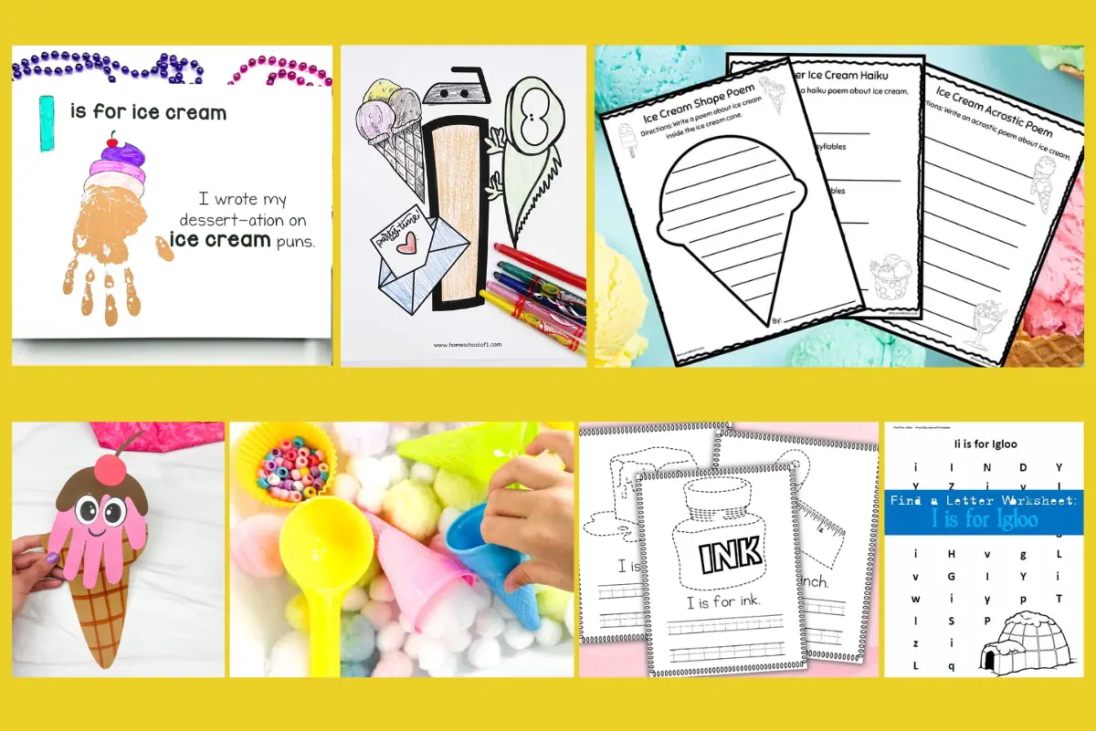 Educational collage showcasing 'Letter I activities for preschoolers' with various crafts and worksheets, including a handprint ice cream art, color-in pencil and ghost drawings, and ice cream themed writing prompts.