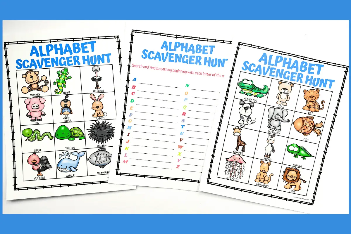 Printable pages for an Alphabet Scavenger Hunt, featuring colorful illustrations for each letter, from 'Alligator' to 'Zebra', and a blank list for students to fill in during their search.