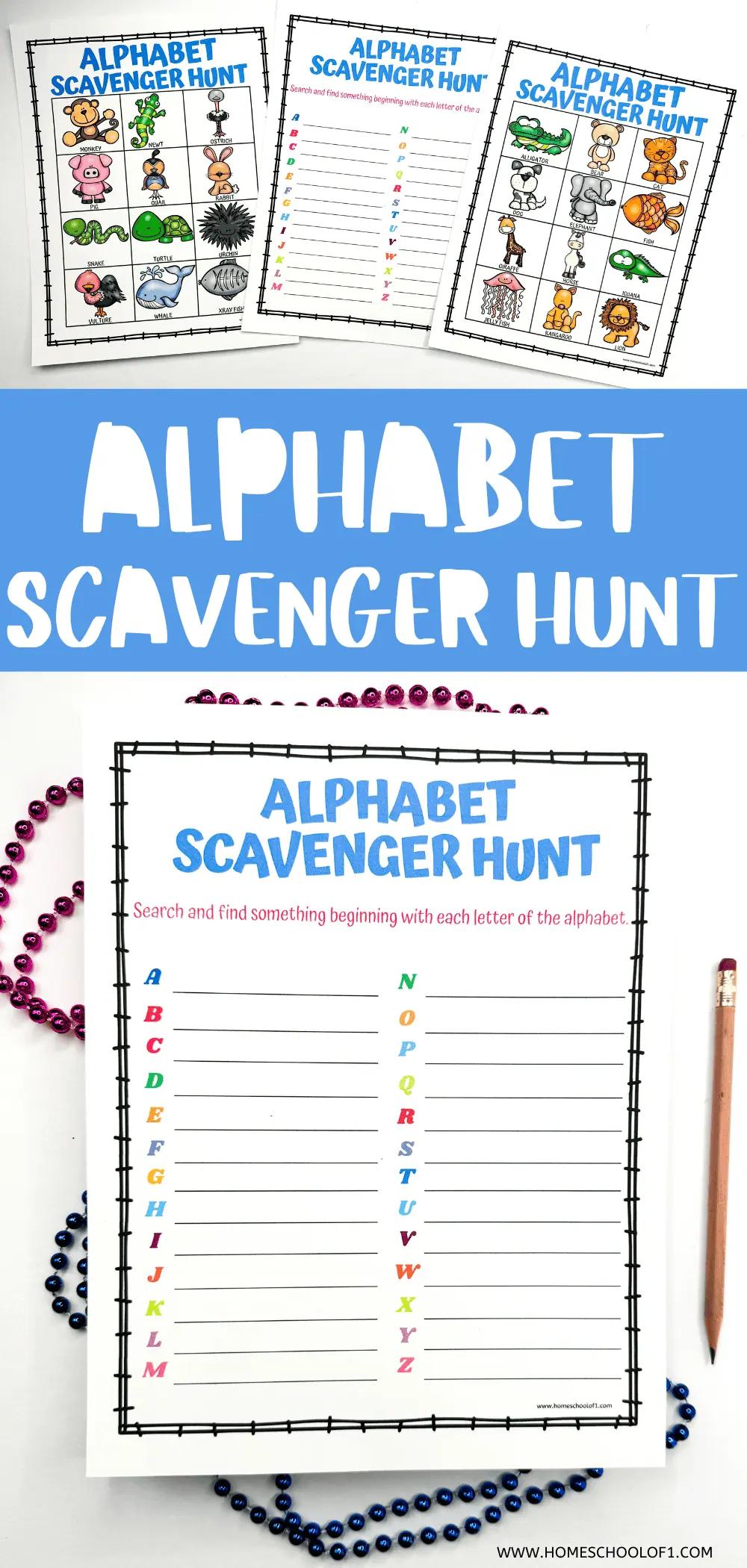 Printable Alphabet Scavenger Hunt worksheet showing two pages, one with colorful illustrations representing each letter and another with blank lines for students to write items they find beginning with each letter, accompanied by colorful beads and a pencil.