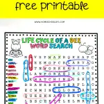 Educational Bee Word Search worksheet highlighting words in vibrant colors related to bee life stages such as 'Larva', 'Queen', and 'Honey', with a cartoon bee and title in bold yellow letters.