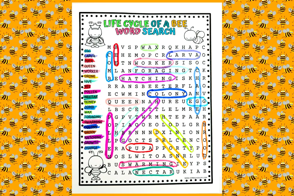 Printable worksheet titled 'Life Cycle of a Bee Word Search' featuring a grid filled with letters and highlighted terms such as 'Larva', 'Queen', and 'Colony', with a cartoon bee on a background patterned with smiling bees.