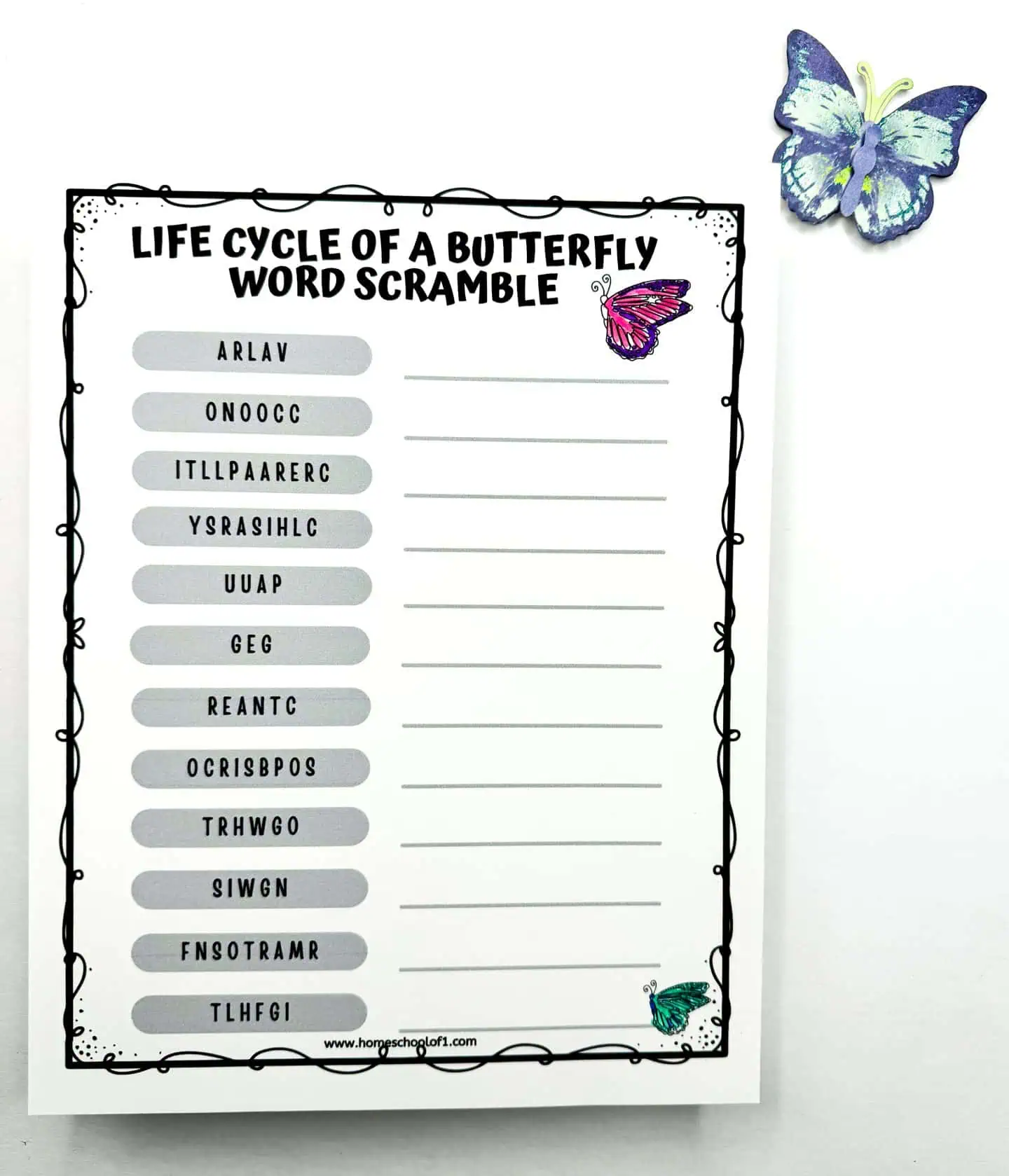 Black and white printable titled 'Life Cycle of a Butterfly Word Scramble' with scrambled words next to empty lines for writing the correct terms, decorated with a butterfly illustration.