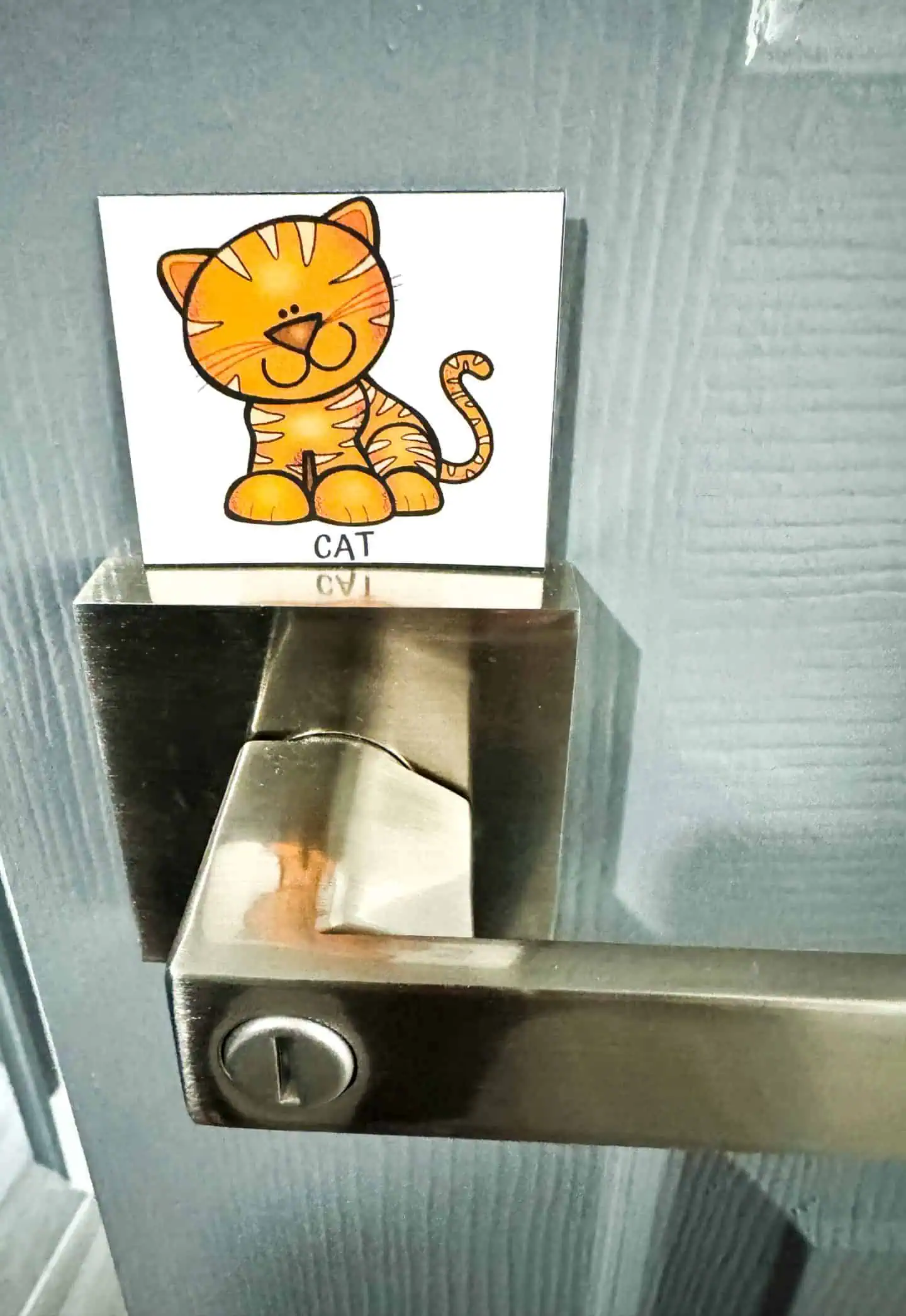 A small card featuring a cartoon cat labeled 'CAT CVI' clipped onto a metal door handle, against a textured gray door.