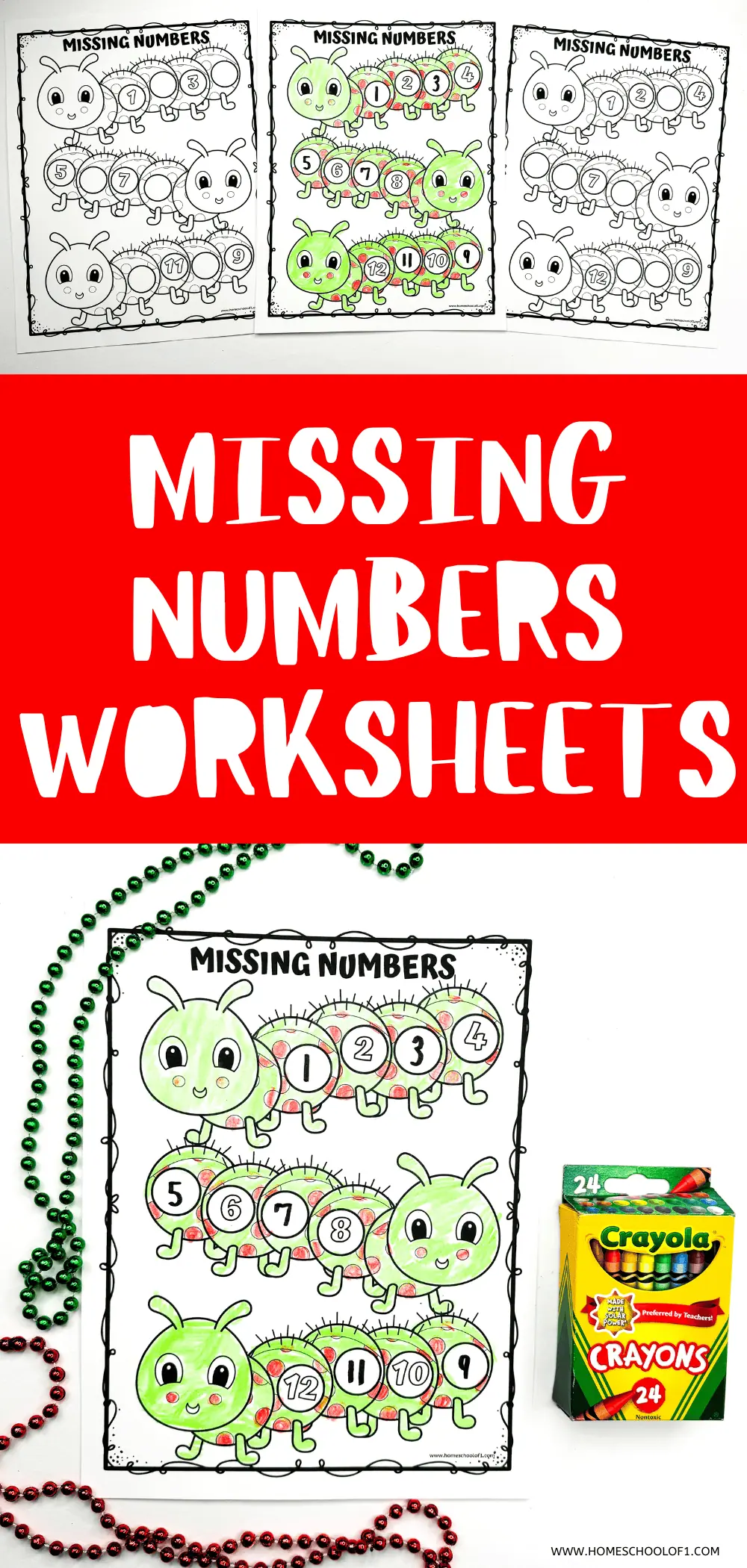 This image shows three worksheets titled 'Missing Numbers', each featuring a cartoon caterpillar divided into segments numbered 1 to 12. Some numbers are missing, and children are intended to fill in these gaps. The caterpillars are illustrated in black and white, with some segments colored in green and red.