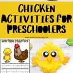 This image is a collection of educational resources and craft ideas themed around chickens for preschoolers. It includes several activities: a worksheet labeling the parts of a chicken, a life cycle spinner showing stages from egg to adult chicken, a simple writing practice worksheet, and various chicken crafts made from paper plates and playdough. The title "Chicken Activities for Preschoolers" is prominently displayed at the center.