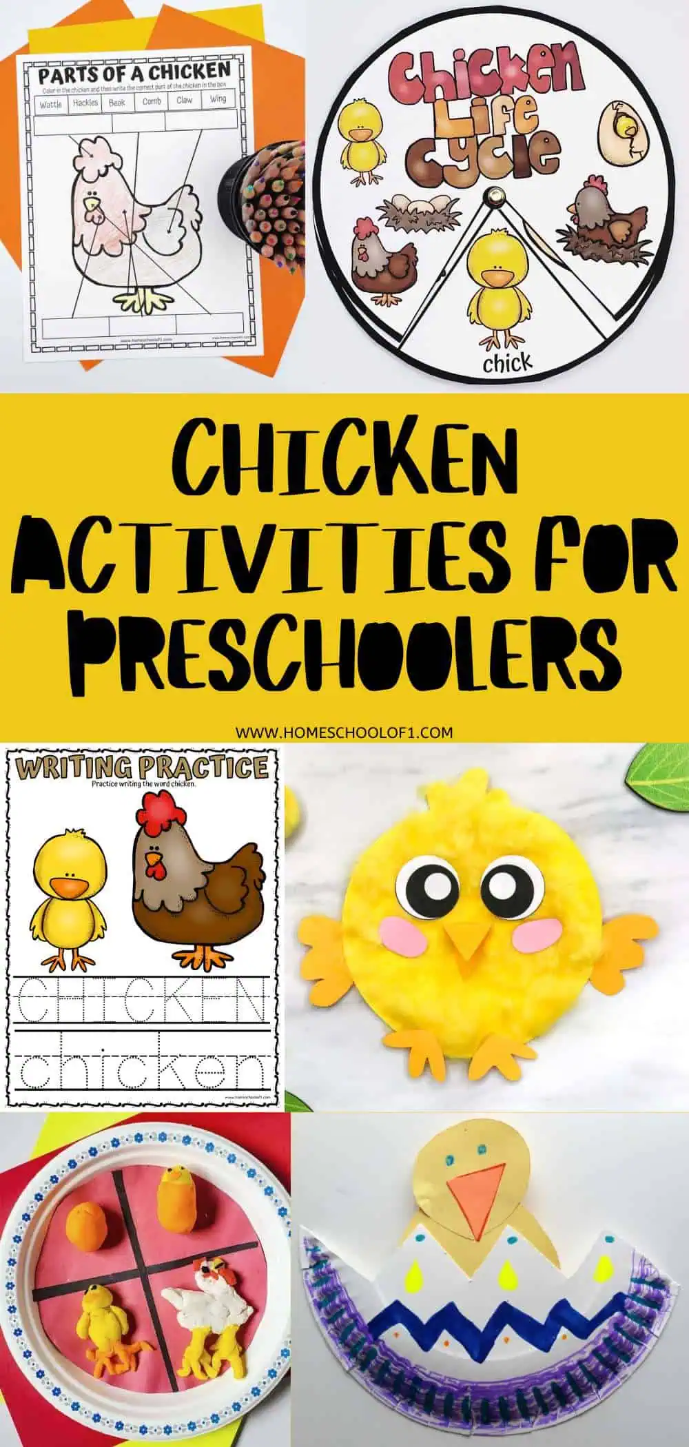 This image is a collection of educational resources and craft ideas themed around chickens for preschoolers. It includes several activities: a worksheet labeling the parts of a chicken, a life cycle spinner showing stages from egg to adult chicken, a simple writing practice worksheet, and various chicken crafts made from paper plates and playdough. The title "Chicken Activities for Preschoolers" is prominently displayed at the center.