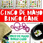 Assorted 'Cinco de Mayo Bingo Game' cards spread out with a variety of colorful Mexican-themed images, like a piñata, margarita glass, and guacamole, on a red background. Also includes a burlap sack filled with colorful game pieces and a black pot with bingo tokens.